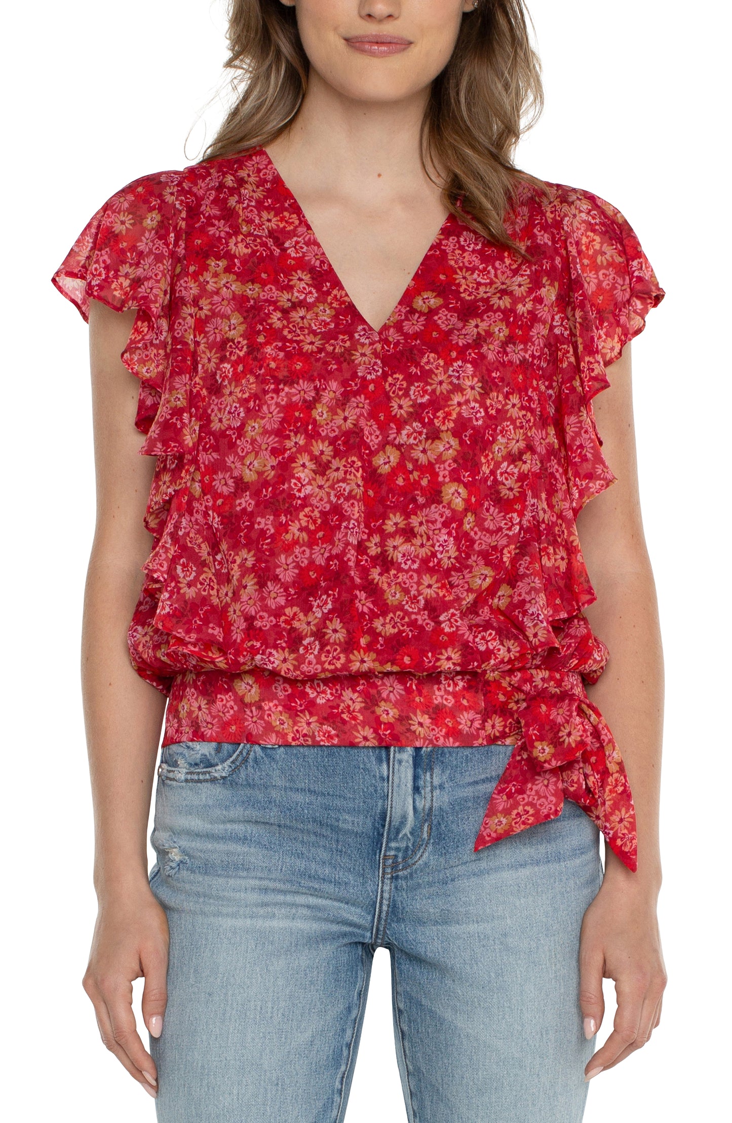Shirred Blouse with Neck Ties