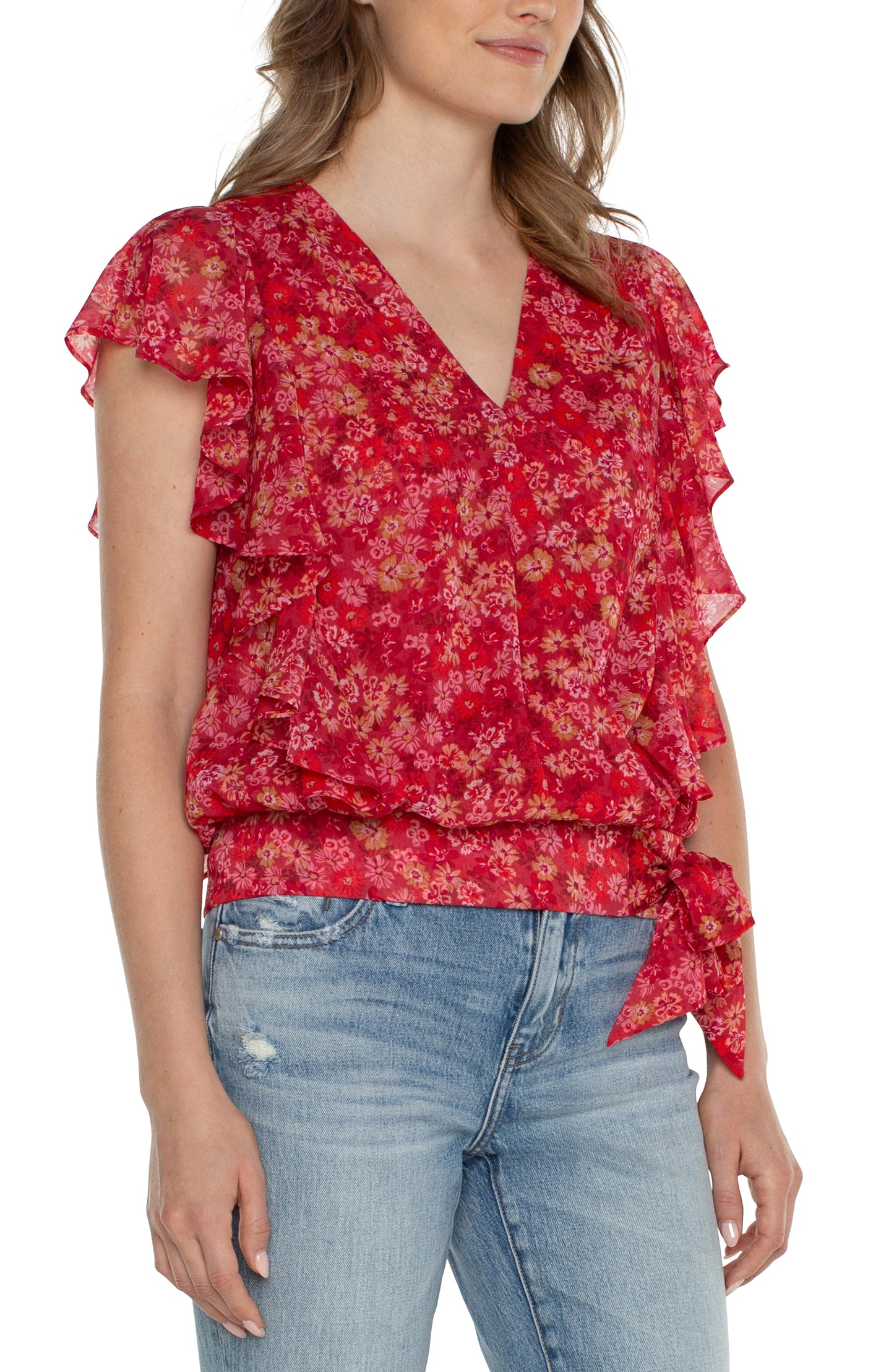 Shirred Blouse with Neck Ties