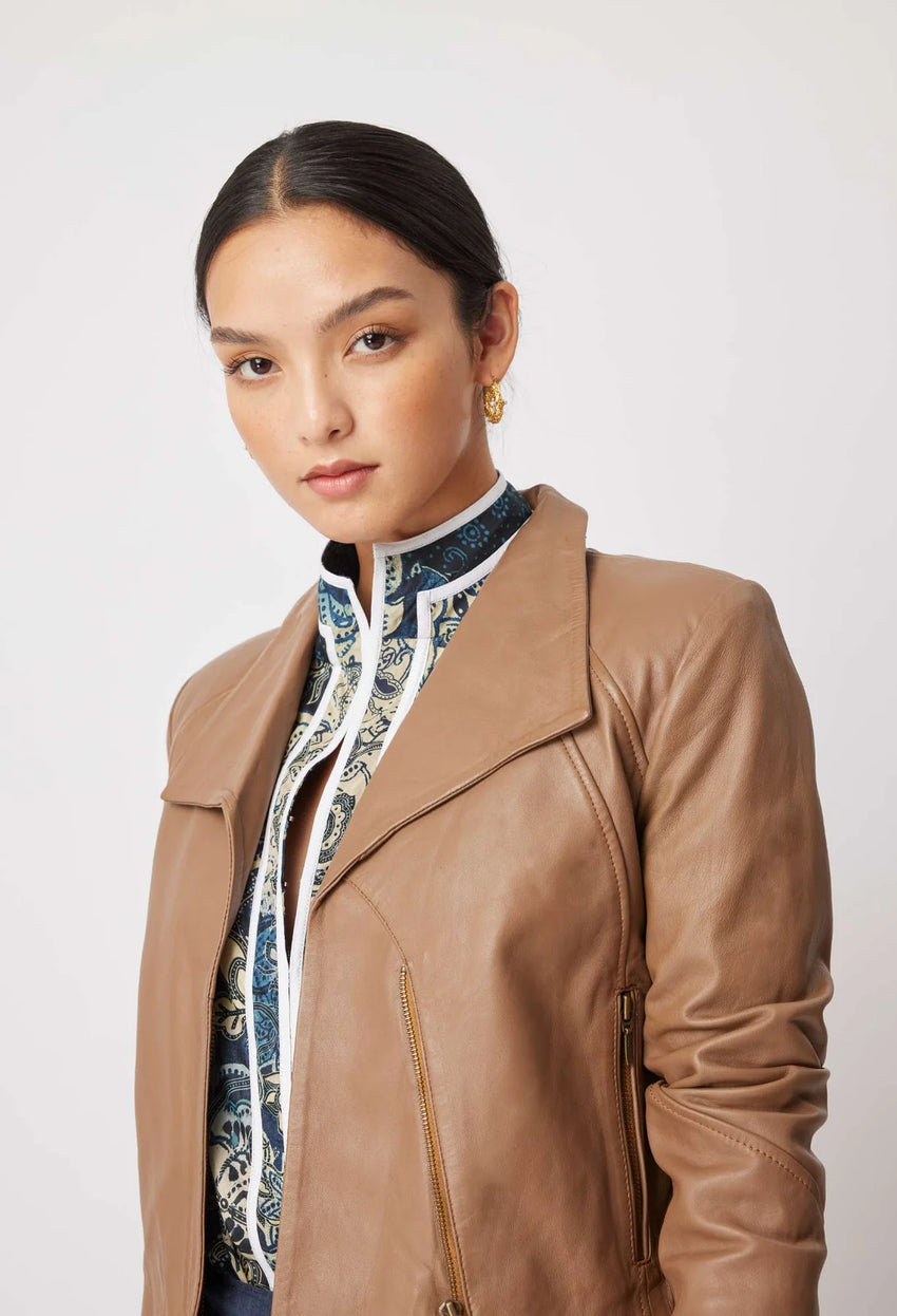 Chiara Hi Collar Panel Detail Leather Jacket